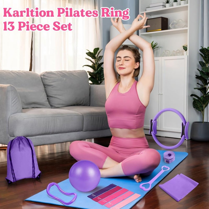 Karltion Pilates Ring 13 Piece Set,Pilates Kit for Women Exercise Equipment Accessories Deformation Magic Circle with Padded Handles, Workouts Ball, Guide & Bag, Resistance Bands for Legs Arms and Thighs - Image 4